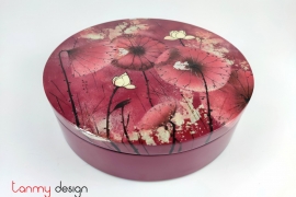 Purple round lacquer box  hand- painted with lotus pond